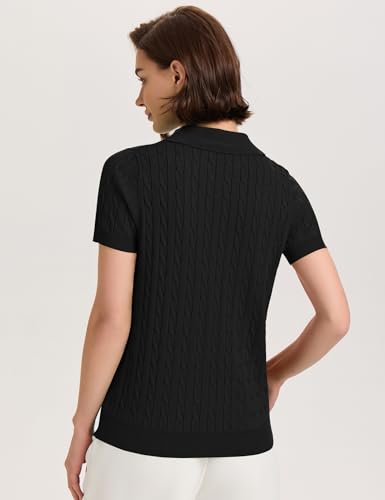 Image of Micoson Womens Short Sleeve Sweater Tops Lapel V Neck Polo Shirts 2026 Summer Cable Knit Loose Blouse Business Casual Outfits