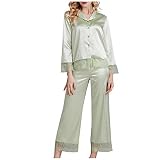 Pyjama Damen Nachthemd Schlafanzug Frauen Langarm Nachtwäsche Pyjama Bademäntel Simulation Seide Pyjama Spitze Nachtwäsche Nachtwäsche Set Nachtwäsche Hose L Grün