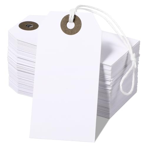 LIQWEI 100 Stück Preisschilder Flohmarkt Etiketten 7 x 4cm Preisetiketten Hängeetiketten Anhänger Etiketten mit Schnur Geschenkanhänger Weiß Geschenk Anhänger für Kleidung Geschenke Schmuck Display