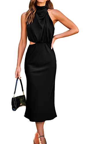 Prettygarden Women's Sleeveless Cocktail Dress Satin Mock Neck Cut Out Midi Wedding Guest Dresses Black #TOP15