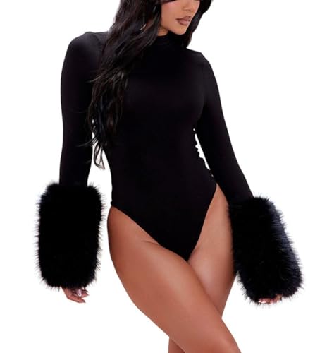 THLAI Black Bodysuits for Women Mock Neck Faux Fur Cuff