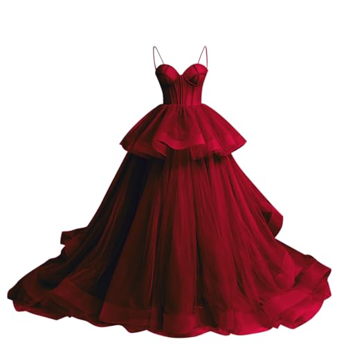 Women's Spaghetti Strap Prom Dress 2025 Sweetheart Tulle Ball Gown Princess Wedding Formal Evening Gowns Size 12 Wine Red
