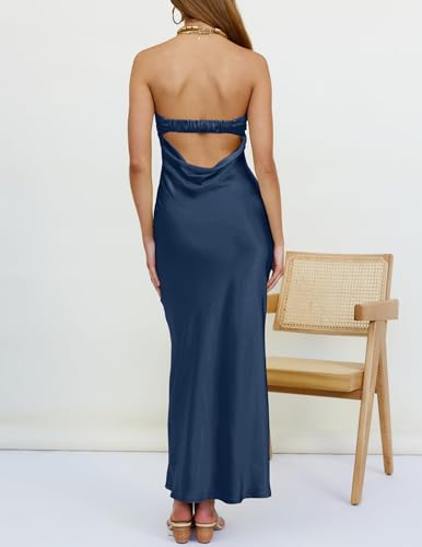 Image of MEROKEETY Women's Summer Satin Strapless Bodycon Dress 2026 Backless Tube Wedding Guest Cocktail Formal Party Maxi Dresses