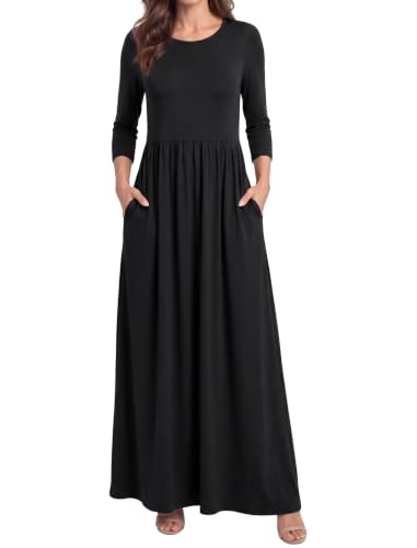 Image of Enmain Black Dress for Women Casual Long Sleeve Ladies Black Maxi Dresses with Pockets Winter Elegant Classic Round Neck Tunic Wedding, XL