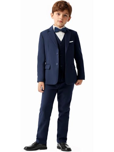 QUELDRA Boys Suits 5 Piece Formal Dress Slim Fit Dresswear Suit Set Blazer Waistcoat Trouser Suspenders Bow Tie 4-14 Years Wedding Party Navy