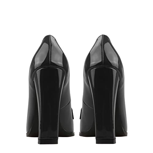 Lutalica W Women's Handmade Closed Round Toe Patent Leather Slip On Dressy Chunky High Heel Loafer Pumps Shoes for Work Party Evening Black Size 74