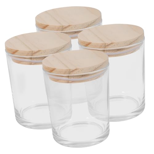 TOBBOMEY 4pcs Glass Candle Holders with Sealed Wooden Lids for Aromatherapy and DIY Scented Candle Making Transparent Decorative Tea Light Jars for Home and Party Ambiance