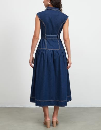 Ladyful Womens Sleeveless Denim Midi Dress Lapel V Neck Casual Flowy Wrap Belt A-Line Button Jean Dress3