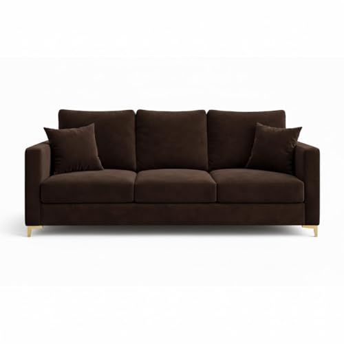 Image of Hayes Rich Velvet Suede 3 Seater Sofa | Golden Aesthetic Legs | Spacious Soft Touch Comfort Seating | Modern Sofa for Living Room (Dark Brown)