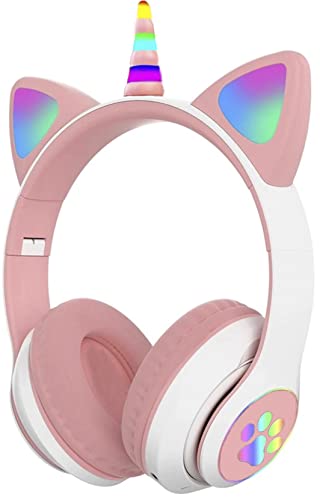 WikiMark Auriculares Unicornio Iluminado con Luces Led y Orejas de Gato, Bluetooth V5.0, Inalámbricos para Niños y Niñas con Limitación de Volumen. Puedes Responder Llamadas, (Blanco-Rosa) Cover