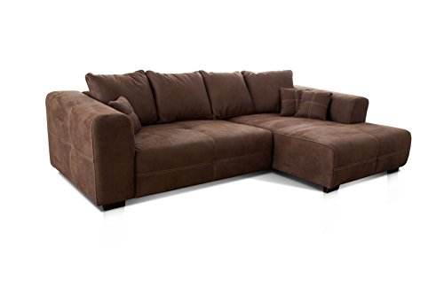 Cavadore Ecksofa Mavericco / XXL Eckcouch Inkl. Rückenkissen und Zierkissen / Longchair rechts / Industrial Style / 285 x 69 x 170 (BxHxT) / Mikrofaser Braun