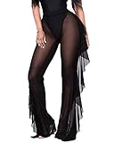 Springcmy Women Ruffle Sheer Mesh Pants See Through Bikini Bottom Swimsuit Cover up Wide Leg Beach Pants A-Black
