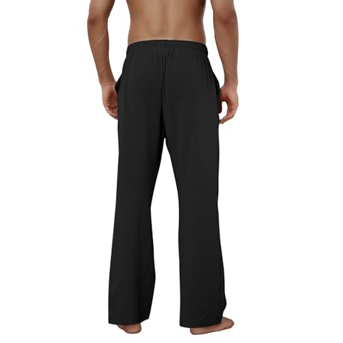 Image of Puimentiua Cotton Linen Pants Men, Summer Beach Pants Loose Fit with Elastic Waist Drawstring