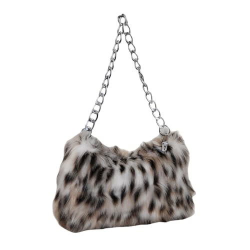 Bolso de hombro para mujer, tipo tote o satchel, de felpa suave y aspecto peludo, con cremallera y correa metálica de cadena
