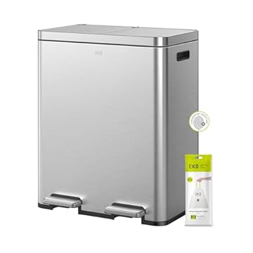 EKO Edison 60L Dual Rubbish Bin, 2×30L Large Capacity Kitchen Pedal Recycling Bin with Soft-Close Lids, Removable Buckets, Fingerprint-Resistant Stainless Steel Bin for Waste and Recycling