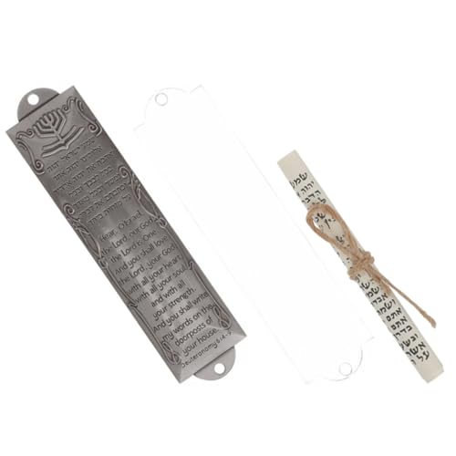 HIAKDOFT Mezuzah de Metal con Pergamino para Puerta Decoración Religiosa Hebrea Artesanal Placa de Plata Antigua con Grabados Detallados y Doble Orificio para Montaje para Rituales y