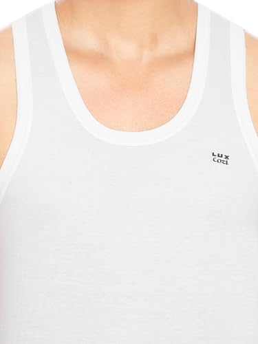 Image of Lux Cozi 100% Cotton Men Sleeveless Round Neck Vest - Modern White Baniyan for Men, Pack of 3