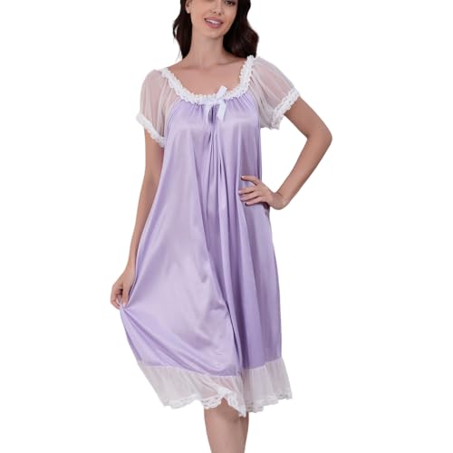 Flwydran Damen Satin Silk Nachthemd Negliee,Seide seidenmatt Sleepshirt Schlafanzug, Luxus und Charmant Ladies Lang Nachtwäsche Nachtkleid Lingerie Pyjamas Sleepwear