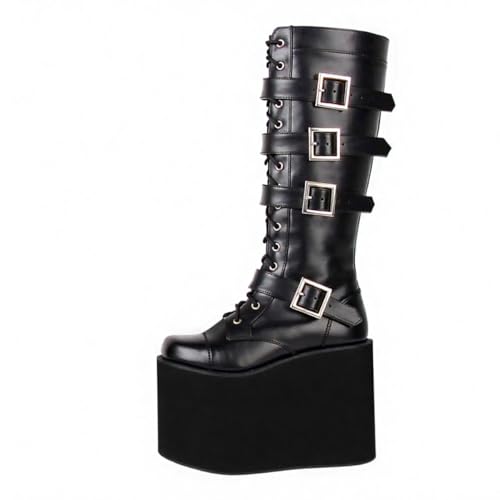Milooey shoes Women's Thick Platform High Heeled Knee High Boots Round Toe Lace up Multi Buckles Strap Side Zipper Stylish Tall Boots Shoes Size 4-16 US2
