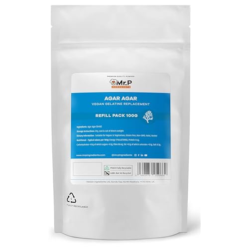 Mr.P Ingredients Agar Agar 100g Powder Vegan Gelatine Replacement Ideal for Jelly Mousse Molecular Gastronomy Gelling Agent Vegan Vegetarian Halal Kosher Non-GMO Resealable Pouche