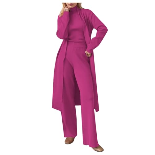 Ensemble 3 pièces femme en maille rouge avec pull et pantalon fluide