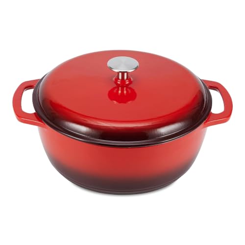 Amazon Basics Enameled Cast Iron Dutch Oven Pot with Lid, Round, Dual Handles, Heavy-Duty, Oven Safe for Stews, Roasting, Baking, 4.3-Quart, Red