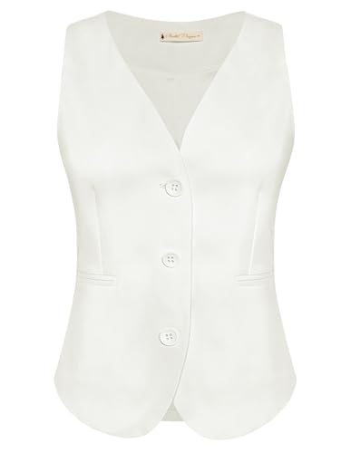 Belle Poque Chalecos vintage con cuello en V botón inferior traje sin mangas chaleco con bolsillos, Blanco, L