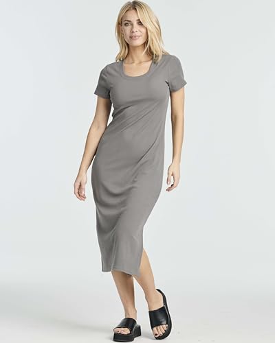 Image of Real Essentials 3 Pack: Women's Ribbed Jersey Crew Neck Short Sleeve Midi Length Dress with Side Slit