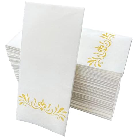 DADAWU Gold Dinner Napkins,Disposble Hand Towels, Linen-Feel Paper Napkins,Disposble Cloth Like Napkins,Pack of 50-12x17inches,Gold and White Cover