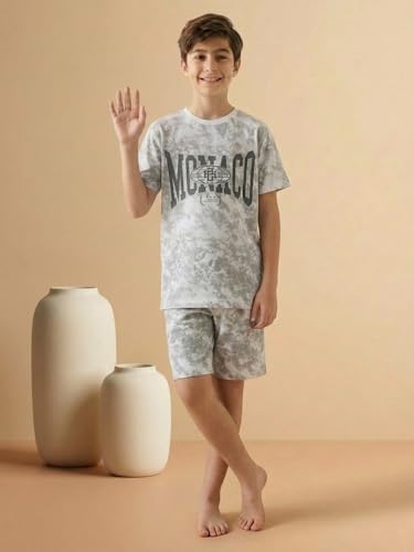 Image of Li'l Tomatoes Boys 100% Cotton Night Suit Set | Half Sleeve T-Shirt & Shorts | Color Block & Typography Print | Soft & Breathable Sleepwear | Casual Summer Wear | 9-16 Years