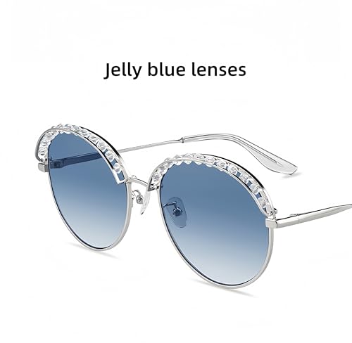HEPTICS Round Crystal Sunglasses, Blue Gradient Lenses, Silver Frame, UV Protection, Fashion Shades for Women3