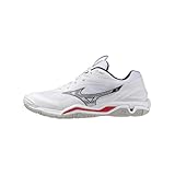 Mizuno Wave Stealth 6 Chaussures de handball homme blanc avec détails noirs et rouges, empeigne en cuir artificiel et maille, Blanc et rouge., 43 EU
