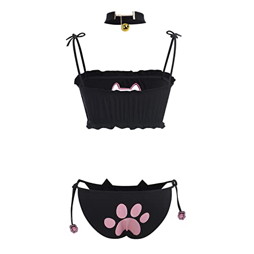 ABAFIP Womens Cute Kawaii Anime Cat Kitten Lingerie set Micro Bikini Strappy Tiny Bra Mini Panty Extreme Swimsuit
