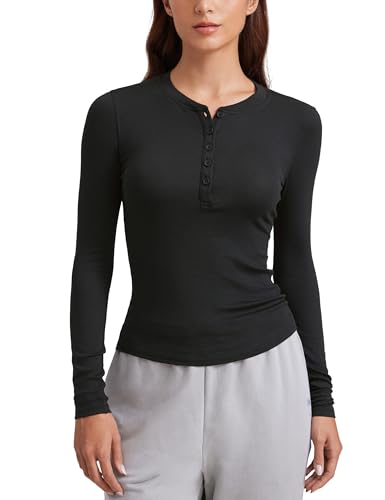 CRZ YOGA Ribbed Modal Henley Shirts for Women - Comfort Casual