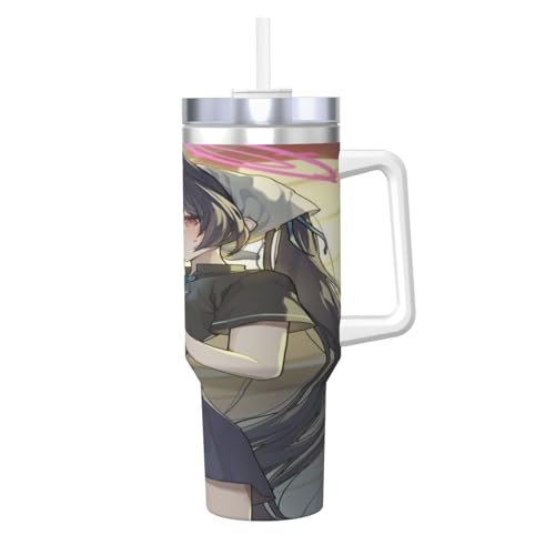 ブルーアーカイブ (12) タンブラー 水筒 ドリンクカップ ウォーターボトル 大容量 ストロー 蓋付き 取っ手付き 保温 保冷 直飲み ステンレス 持ち運び 真空断熱 40オンス 1100mⅼ