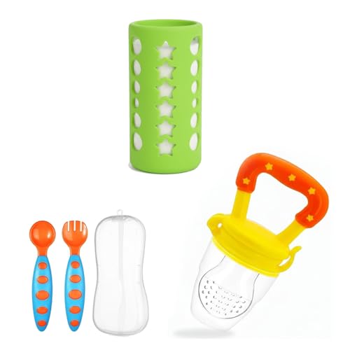 Image of Safe-O-Kid Feeding Travel Combo | 1 Feeding Bottle Cover, 1 Fruit Feeder & 1 Baby Spoon Fork Set | BPA Free Feeding Essentials Kit for Babies & Toddlers - Assorted
