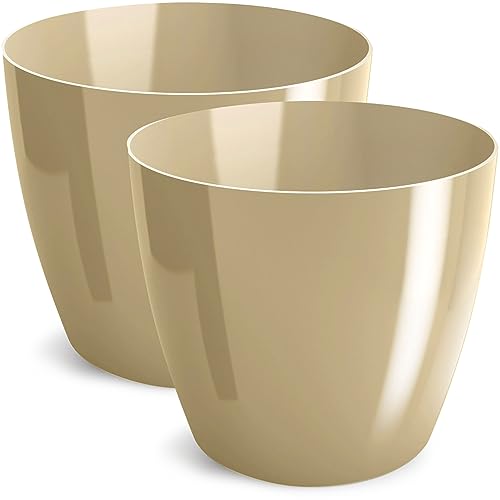 PECZEKO Shiny Flower Pot, Plastic Planter, Decorative Pot for Large and Small Plants Set of 2 Flower Pot, Herb Pot, Beige