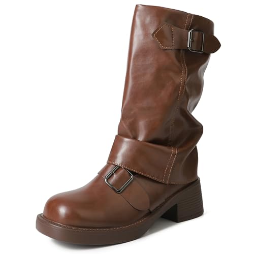 YIYA Women's Fold Over Mid Calf Buckle Combat Boots Chunky Low Heels Motorcycle Riding Biker Boots