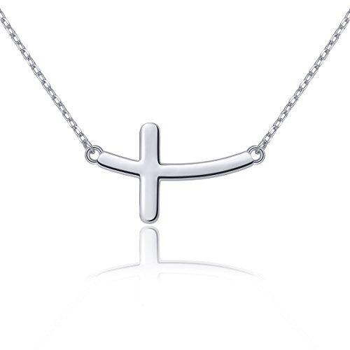 Image of Ladytree 925 Sterling Silver Concise Sideways Cross Pendant Necklace Choker for Women Christian Jewelry
