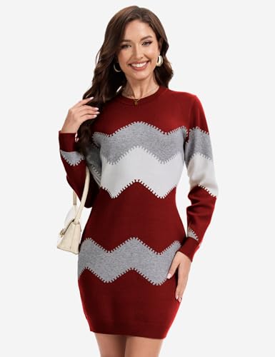 Image of PEHMEA Women's Striped Mini Bodycon Sweater Dress Long Sleeve Knitted Slim Fit Pullover Dresses(Red-M)