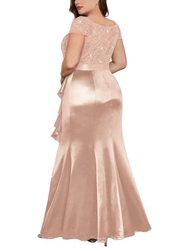 MISSMAY Women's Plus Size V Neck Sequin Lace with Satin Ruffle Trim Slit Mermaid Hem Evening Party Fomal Dress2