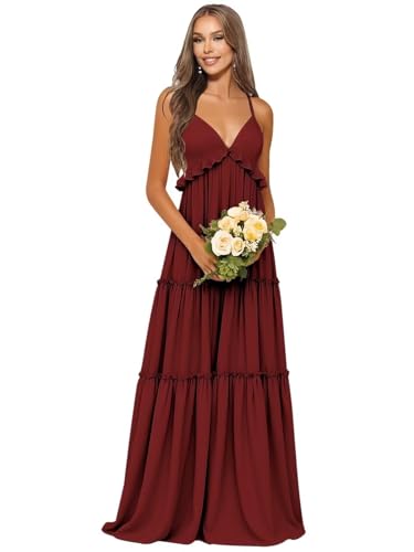 Chiffon Bridesmaid Dresses for Women A Line Formal Evening Dress Spaghetti Straps Prom Dress with Ruffle