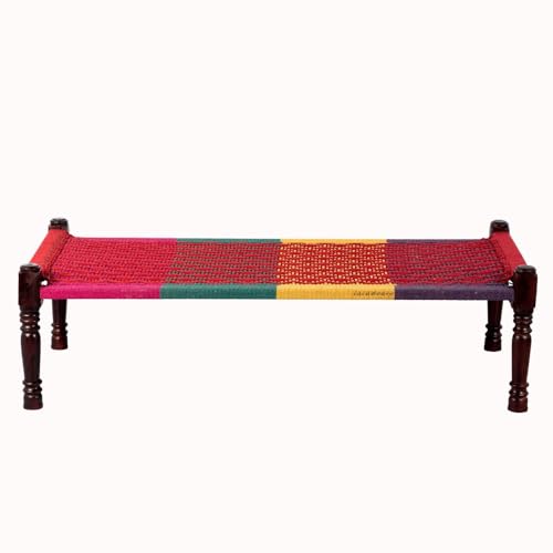 Image of Solid Sheesham Wood Charpai Khat | Handcrafted Daybed Khatiya Charpai with Cotton Rope | Traditional Khat Bed Wooden Diwan Cot for Living Room | 6X3 Feet | Colorful 009 (Red-Multi)