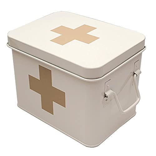 Lassos Boutique Retro Enameled First Aid Box for Medicine Storage and Home Decor with Lid and Removable Tray