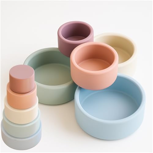 Image of Spoondrift Silicone Stacking Cups | Food- Grade Educational Nesting Toy |for Teething | Bath Time | 6-12 Months | 5 Piece Set in Organic Cotton Bag