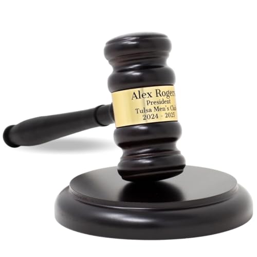 Wooden Gavel and Sound Block Set with Custom Personalized Band - Laser Engraved Gift Set for Judge, Chairman, Auctioneer, President of Clubs and Organizations - Beautiful Office or Home Desk Decor