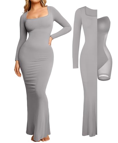 Image of Popilush Long Sleeve Formal Dress with Built in Shapewear Bra Maxi Dress | Light Tummy Control, Square Neck, Floor Length, Removable Cups, Wedding Guest Evening Bodycon Dress