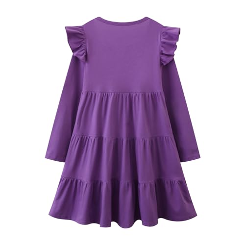 Image of Girl Long Sleeve Dress Ruffle Rainbow Color Block Cotton Casual Tiered Pleated Twirly Dress