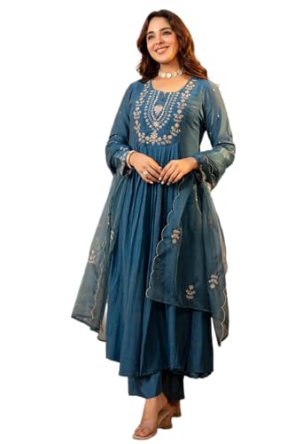 The Red Lion Enterprise Olive Green Anarkali Kurti 3pc Set for Women Embroidered Kurti Pant Dupatta Festive Ethnic Wear Teal Blue S