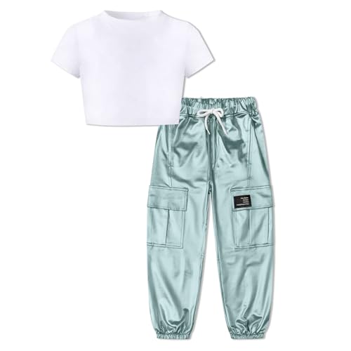 Image of Betusline Girls Clothes 2 Piece Set, White Cute Short Sleeve Crop Tops + Blue Gray Metal Cargo Jogger Pants Clothes,7-8 Years = Tag 140
